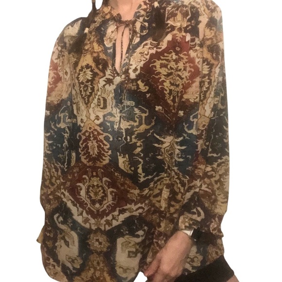 Vtg 90's Chaps Denim Ralph Lauren 2X Blouse Popover Top Persian Print Retro - Picture 2 of 7